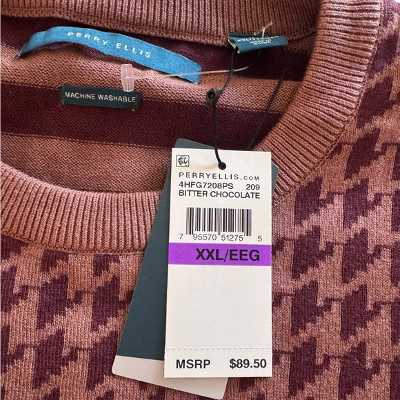 NWT Perry Ellis Men's Houndstooth Crewneck Sweater - Brown/Maroon - Picture 4 of 5